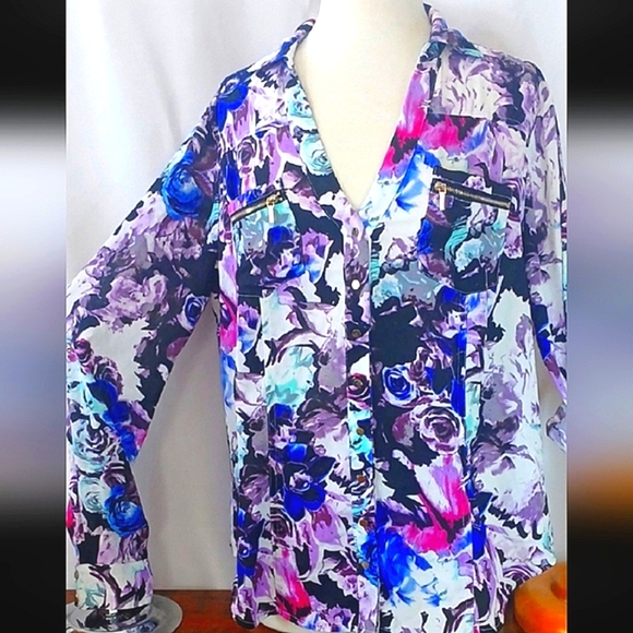 LIKE NEW! BEBE Multicolor Floral Zip Pocket Blouse Snap Close Xl - Picture 1 of 14